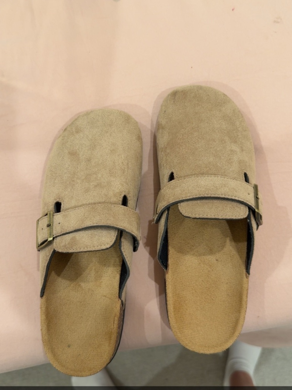 Suede Slip-On Buckle Clogs in Tan